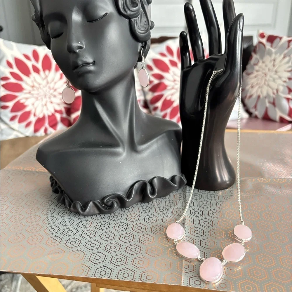 Pink stone necklace and earrings set #PinkJewels Pink stone silver chain
